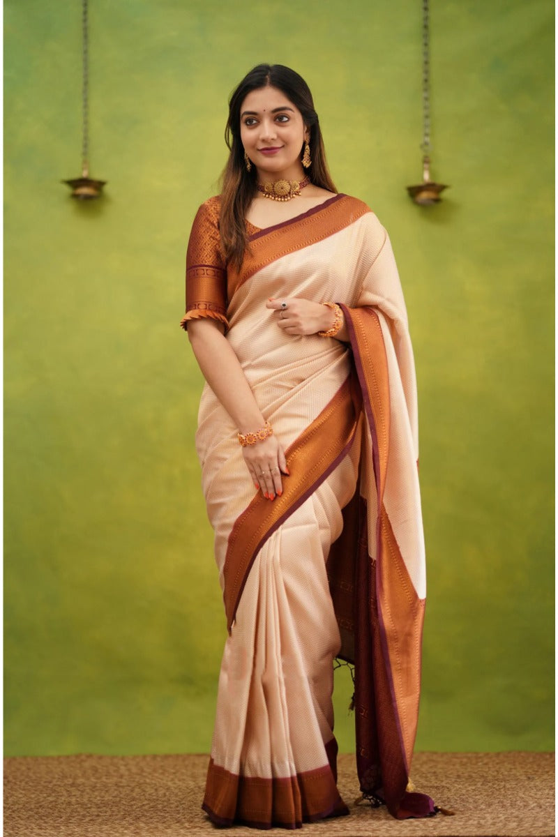 Confounding Beige Soft Banarasi Silk Saree With Adorable Blouse Piece