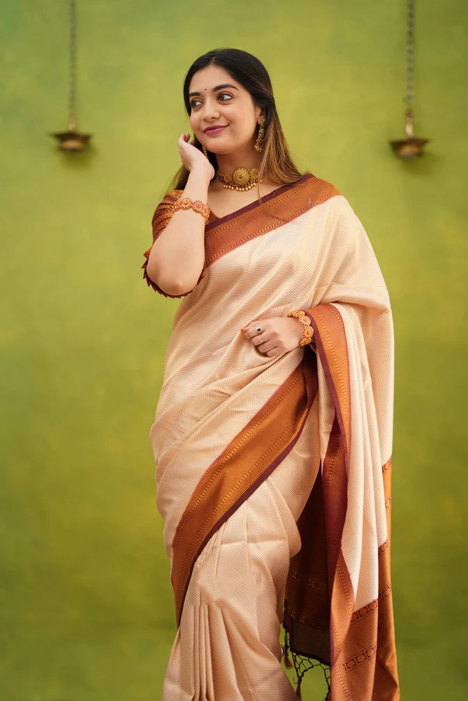 Confounding Beige Soft Banarasi Silk Saree With Adorable Blouse Piece