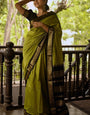 Hypnotic Mehndi Soft Banarasi Silk Saree With Twirling Blouse Piece