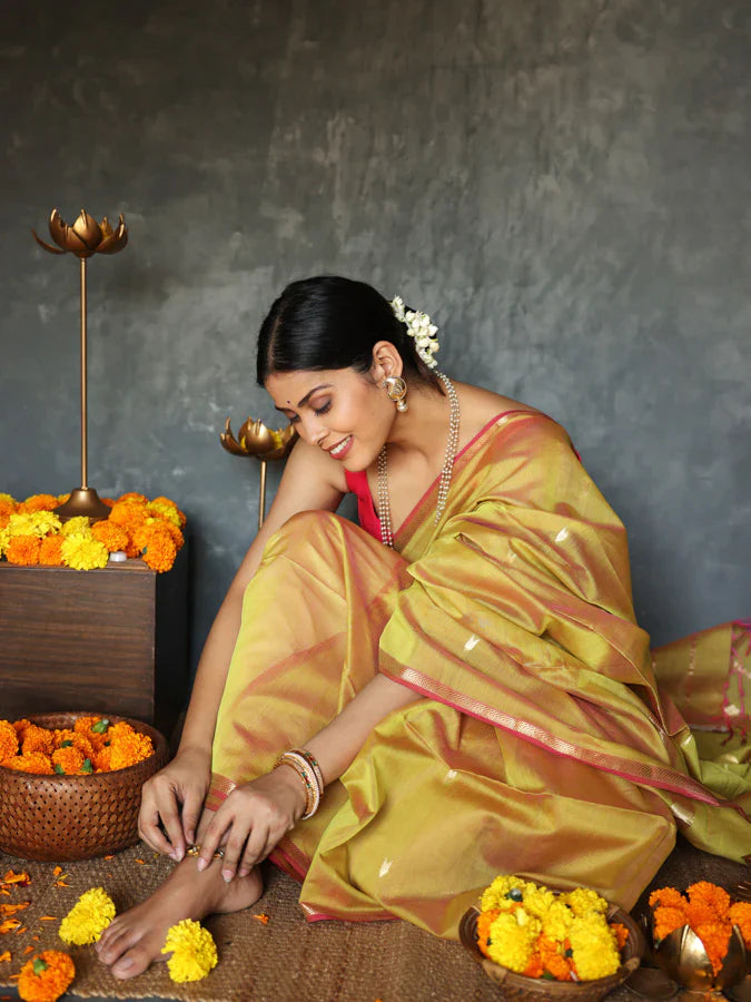 Ornate Mustard Cotton Silk Saree With Snappy Blouse Piece