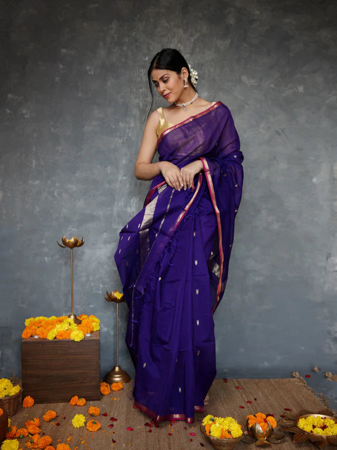 Charismatic Navy Blue Cotton Silk Saree With Quixotic Blouse Piece