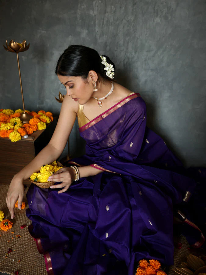 Charismatic Navy Blue Cotton Silk Saree With Quixotic Blouse Piece