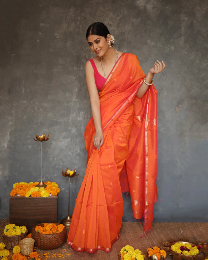 Breathtaking Orange Cotton Silk Saree With Scintillating Blouse Piece