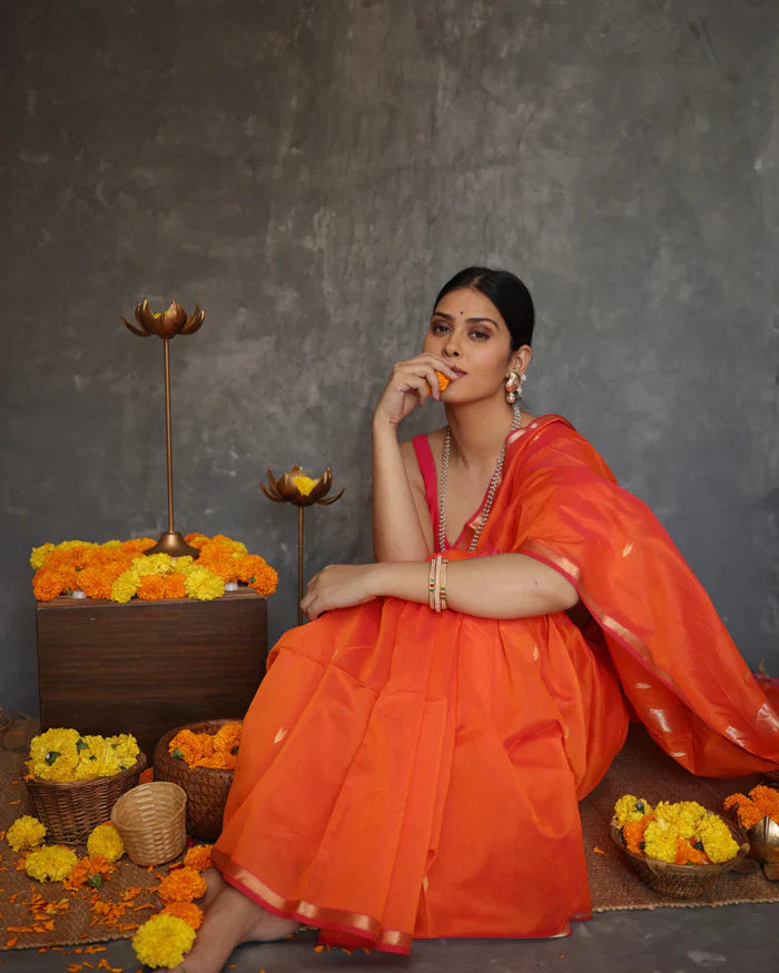 Breathtaking Orange Cotton Silk Saree With Scintillating Blouse Piece