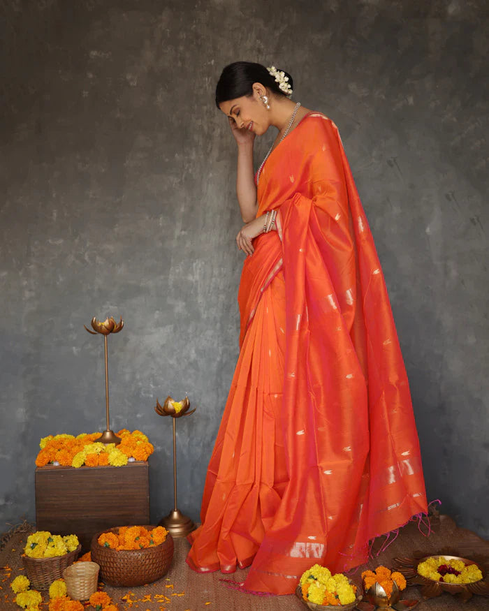 Breathtaking Orange Cotton Silk Saree With Scintillating Blouse Piece