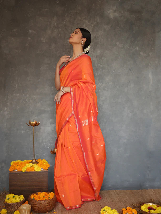 Breathtaking Orange Cotton Silk Saree With Scintillating Blouse Piece