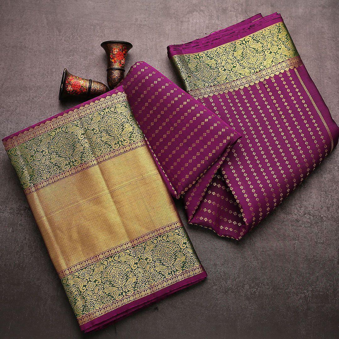 Dazzling Purple Soft Banarasi Silk Saree With Smart Blouse Piece