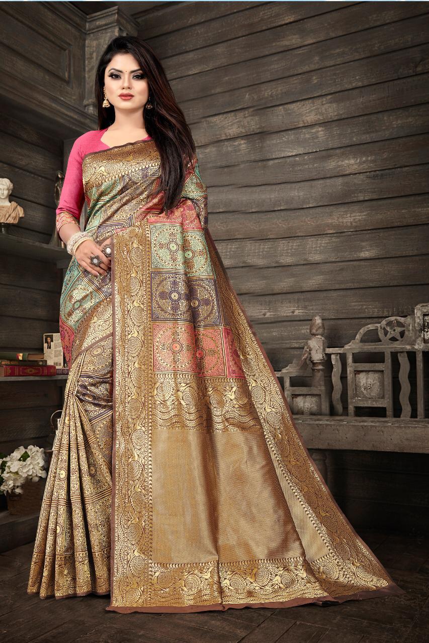 Resonant Beige Soft Banarasi Silk Saree With Pulsating Blouse Piece