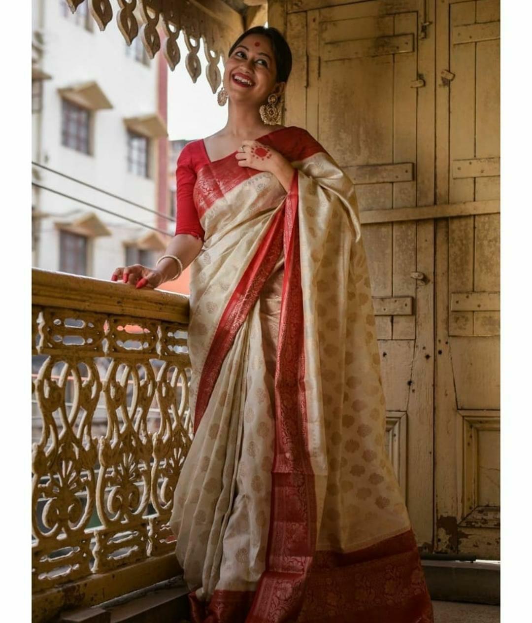 Admirable Beige Soft Banarasi Silk Saree With Nebula Blouse Piece