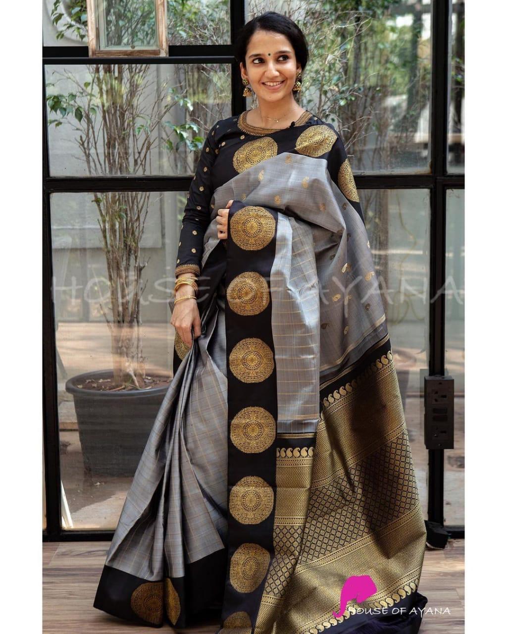 Evocative Grey Soft Banarasi Silk Saree With Dalliance Blouse Piece