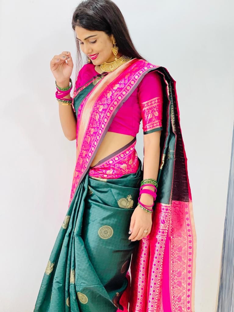 Evanescent Green Soft Banarasi Silk Saree With Effervescent Blouse Piece