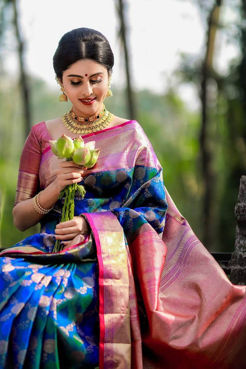 Jazzy Blue Soft Banarasi Silk Saree With Eclat Blouse Piece