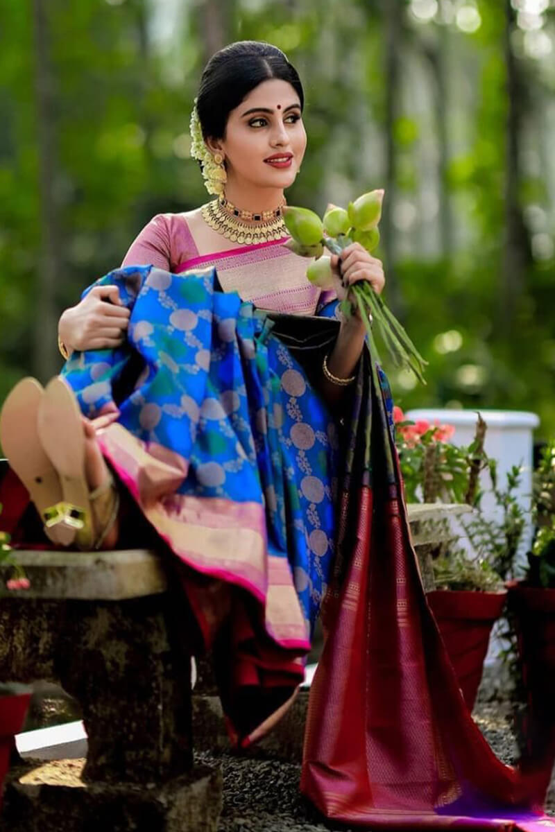 Jazzy Blue Soft Banarasi Silk Saree With Eclat Blouse Piece