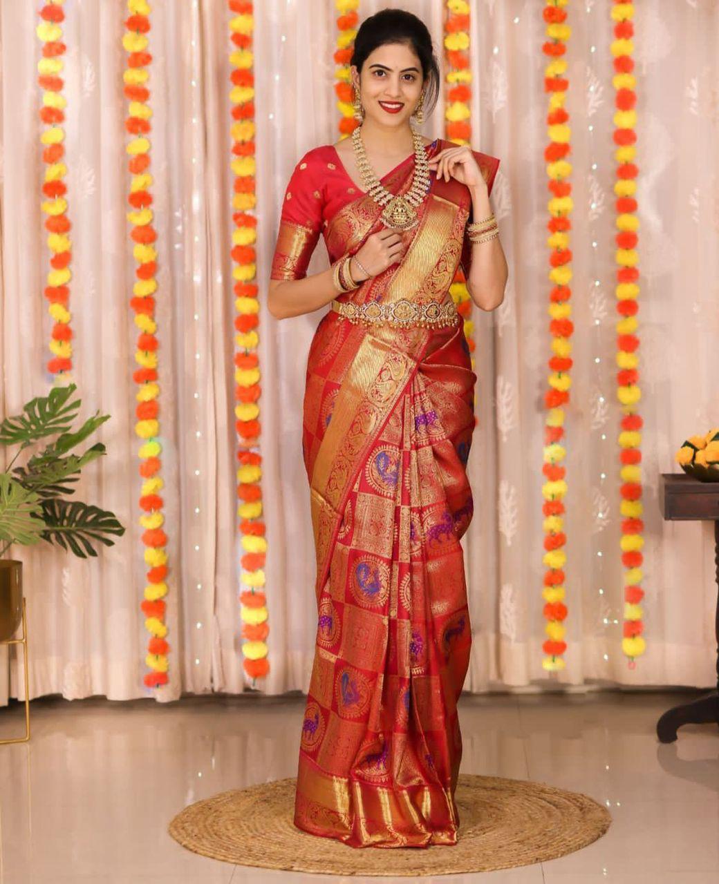 Adorable Red Soft Banarasi Silk Saree With Flamboyant Blouse Piece