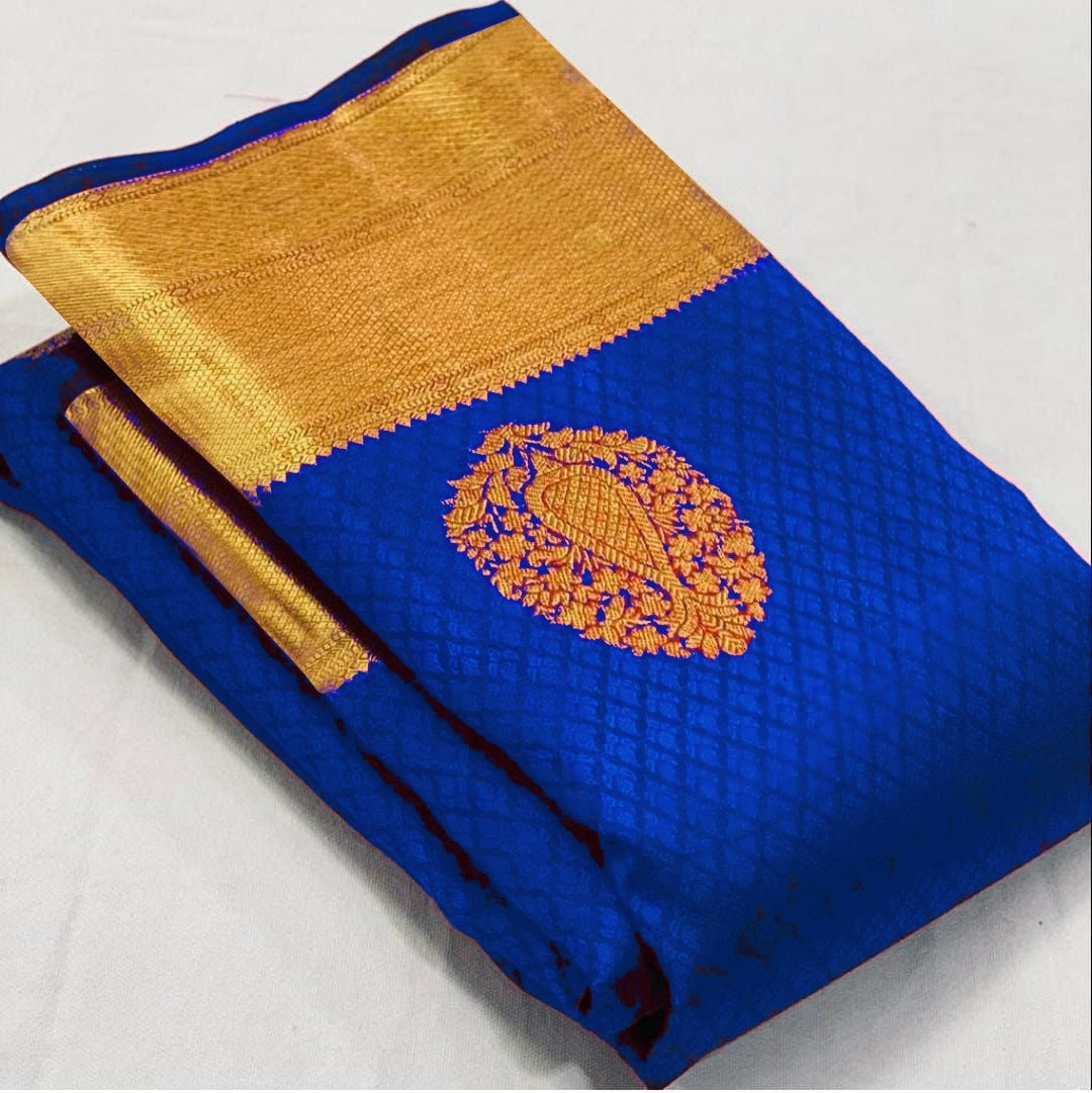 Exemplary Royal Blue Soft Banarasi Silk Saree With Ethnic Blouse Piece