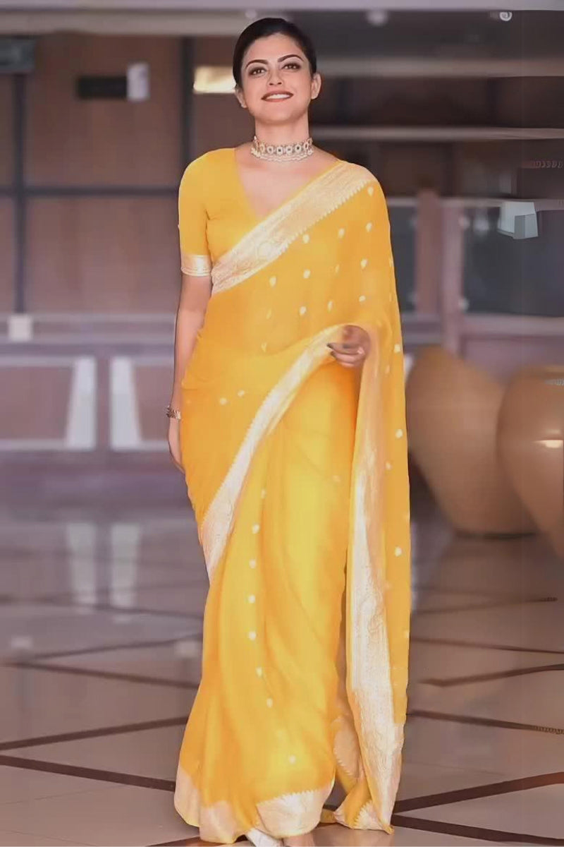 Snazzy Yellow Soft Silk Saree With Skinny Blouse Piece