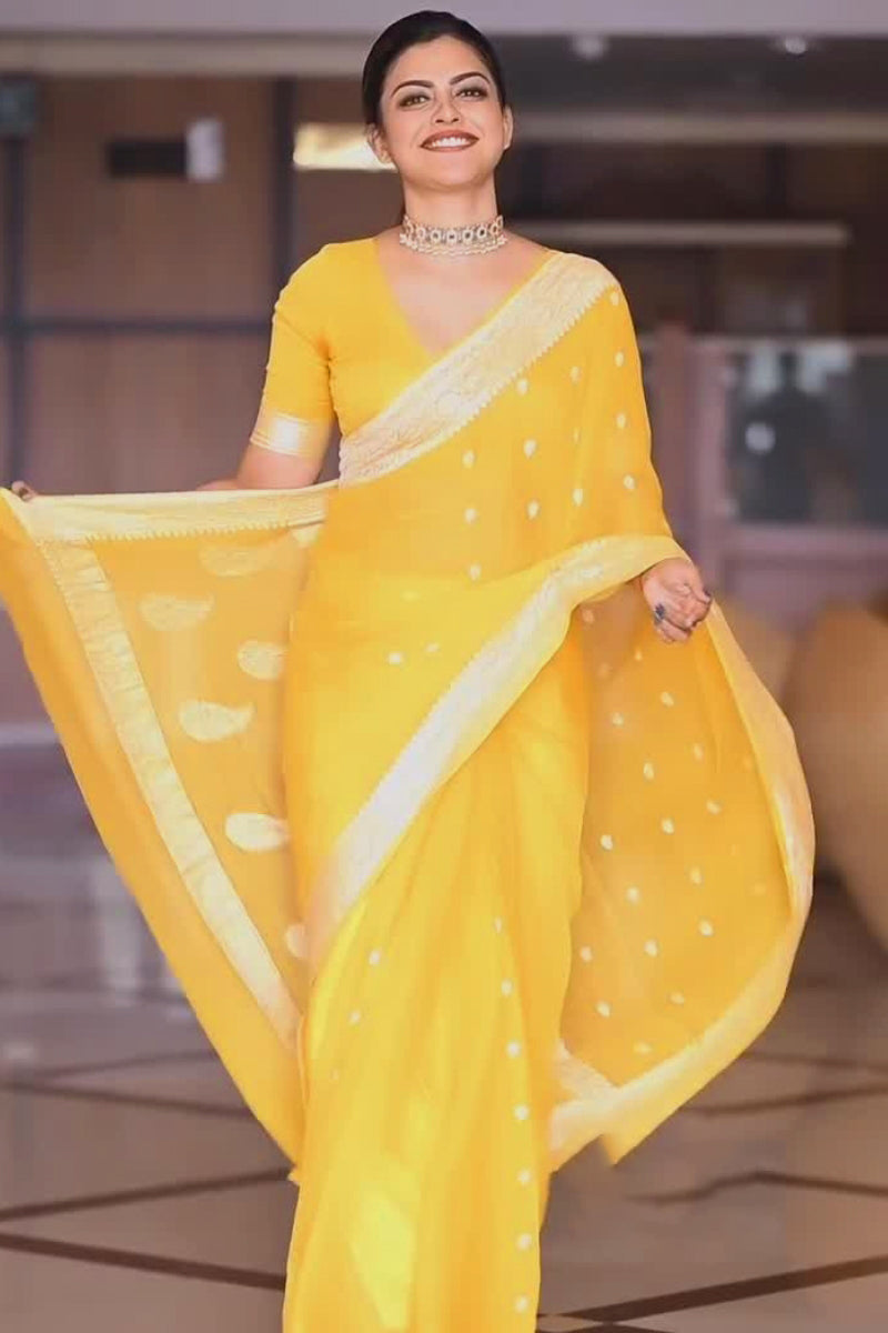 Snazzy Yellow Soft Silk Saree With Skinny Blouse Piece