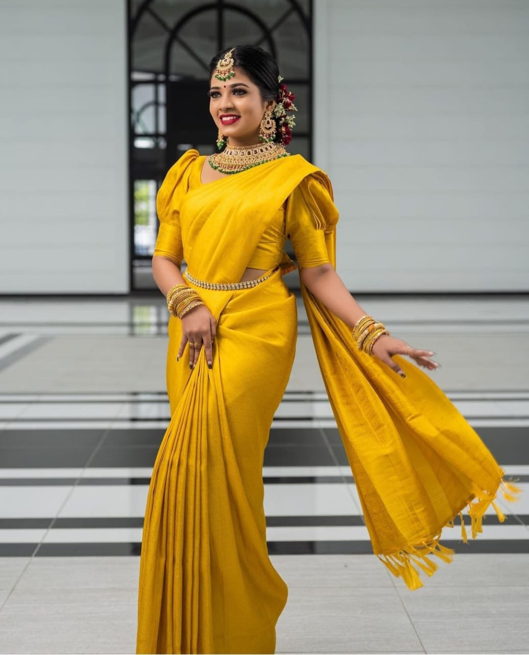 Verdant Yellow Soft Silk Saree With Rhapsodic Blouse Piece