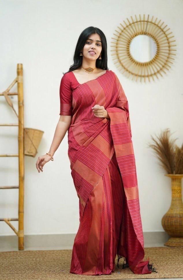 Delightful Red Soft Silk Saree With Most Blouse Piece