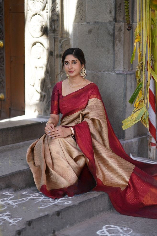 Lissome Beige Soft Silk Saree With Prodigal Blouse Piece