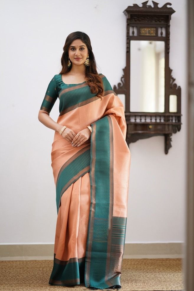 Demure Peach Soft Silk Saree With Scintilla Blouse Piece