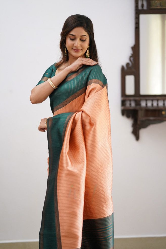 Demure Peach Soft Silk Saree With Scintilla Blouse Piece