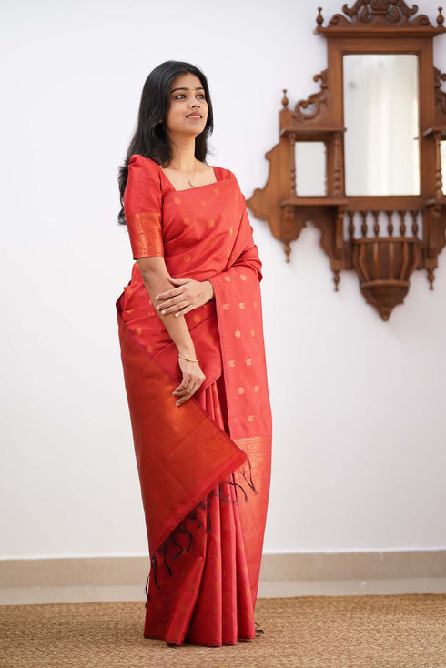 Proficient Red Soft Silk Saree With Trendy Blouse Piece