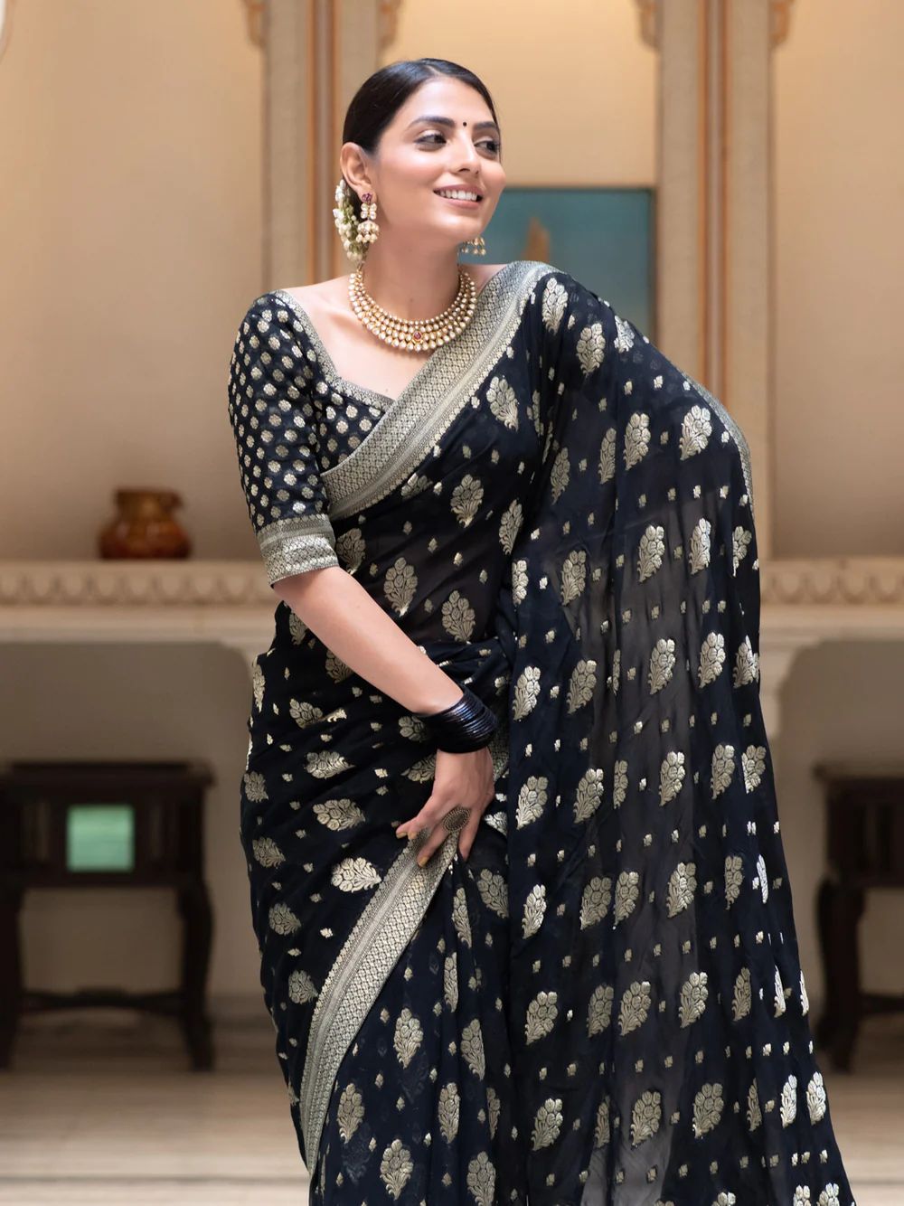 Assemblage Black Soft Banarasi Silk Saree With Whimsical Blouse Piece