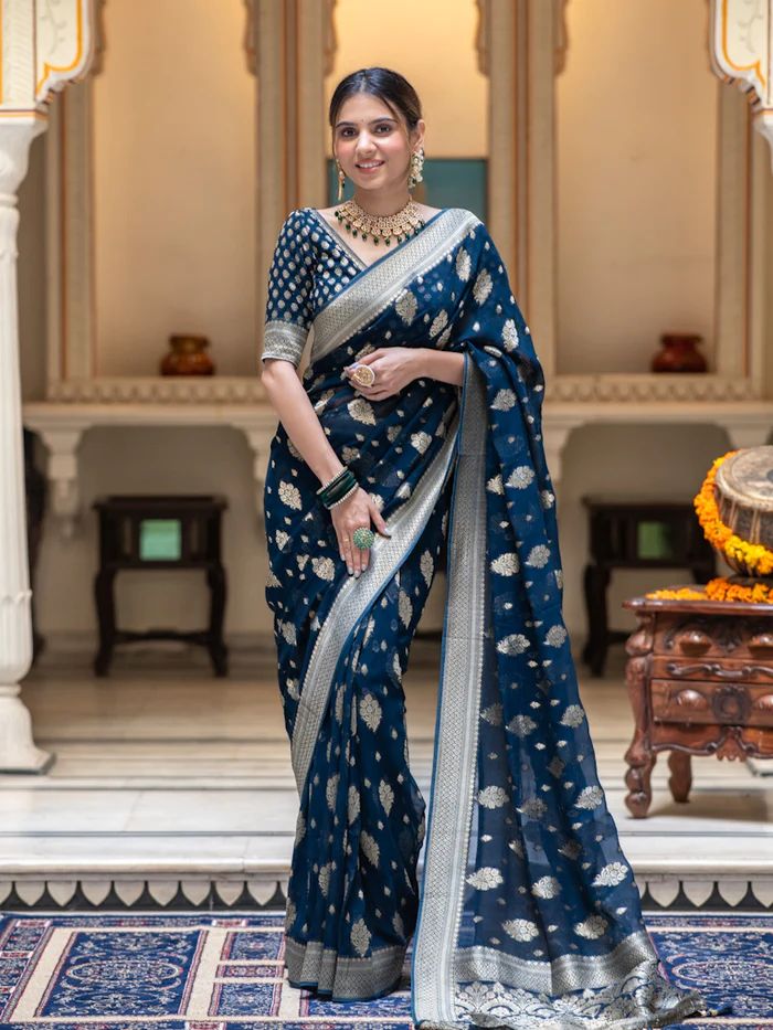 Enthralling Navy Blue Soft Banarasi Silk Saree With Inimitable Blouse Piece