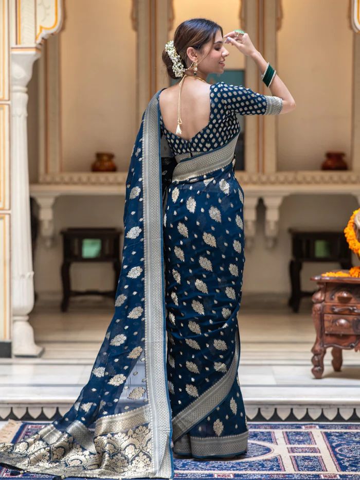 Enthralling Navy Blue Soft Banarasi Silk Saree With Inimitable Blouse Piece