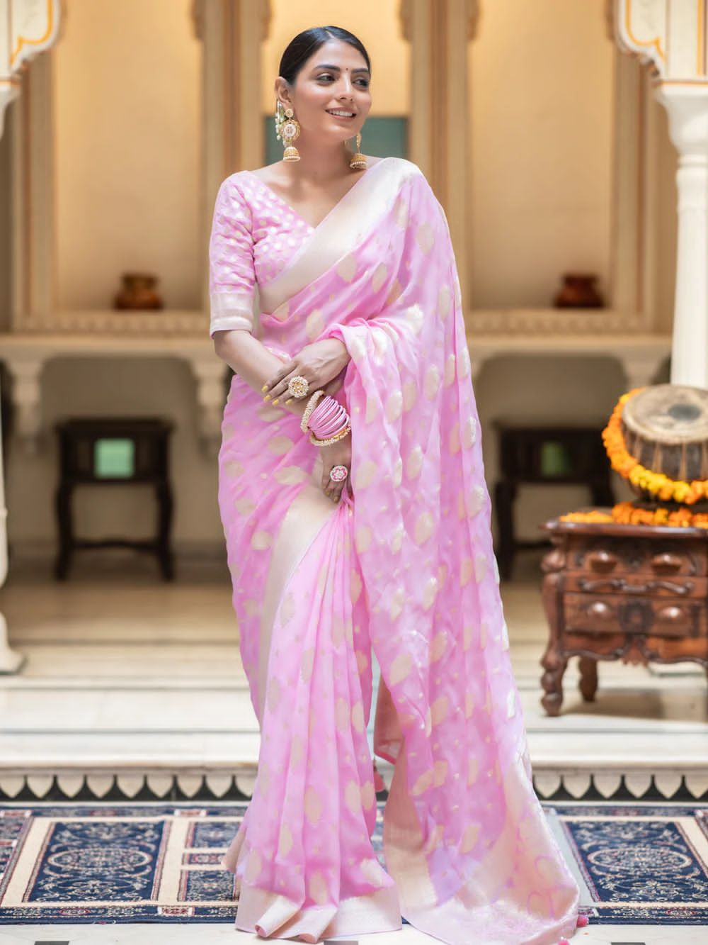 Confounding Pink Soft Banarasi Silk Saree With Felicitous Blouse Piece