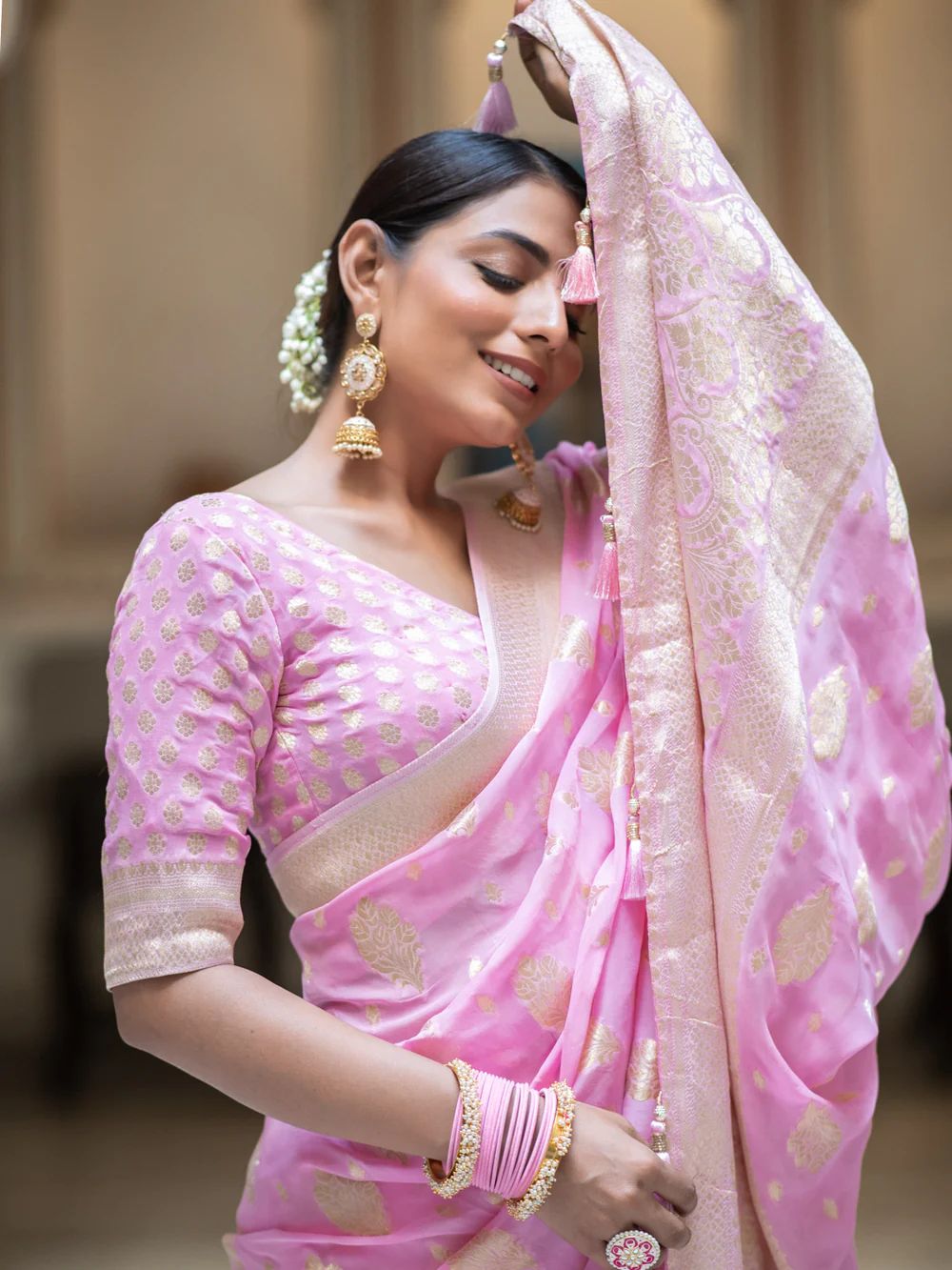 Confounding Pink Soft Banarasi Silk Saree With Felicitous Blouse Piece