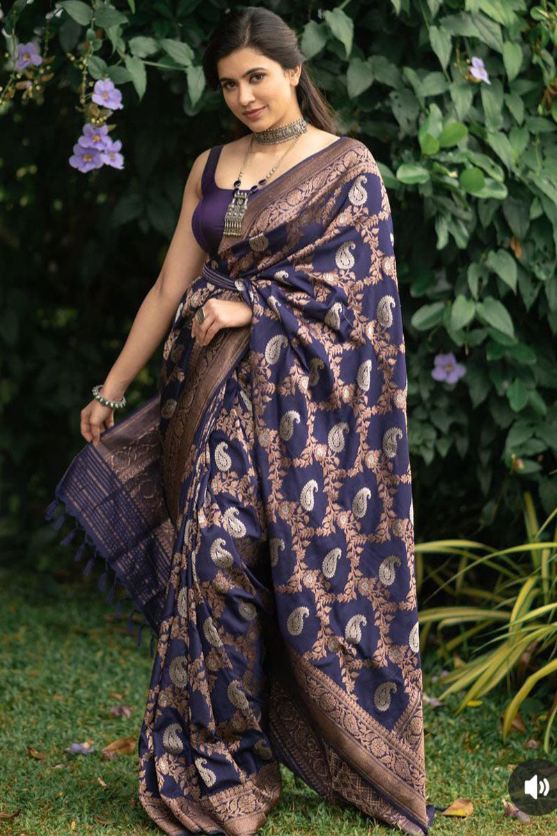 Demure Navy Blue Soft Silk Saree With Breathtaking Blouse Piece