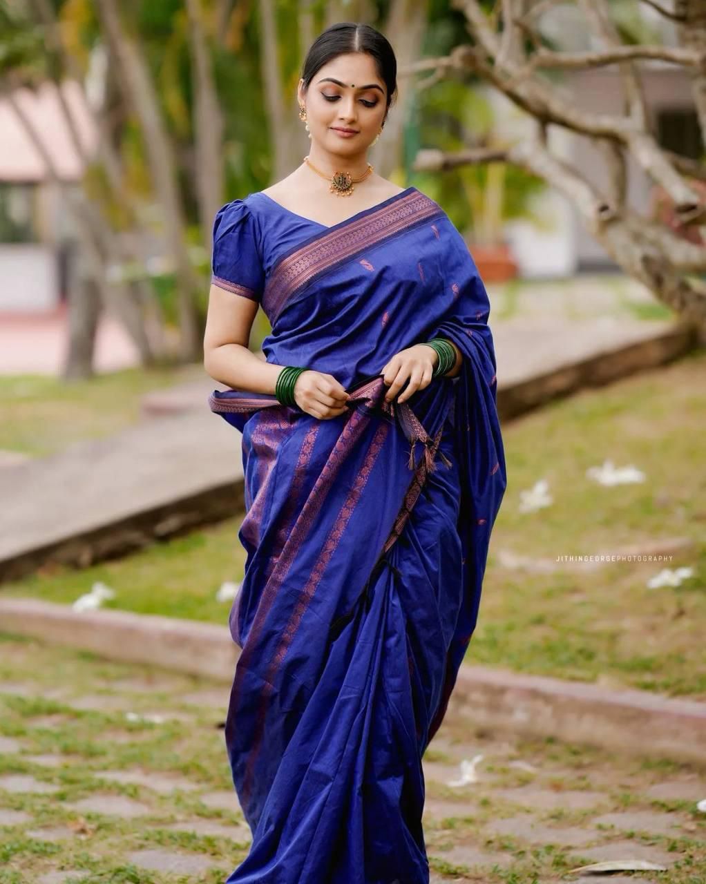 Gleaming Royal Blue Soft Silk Saree With Gorgeous Blouse Piece