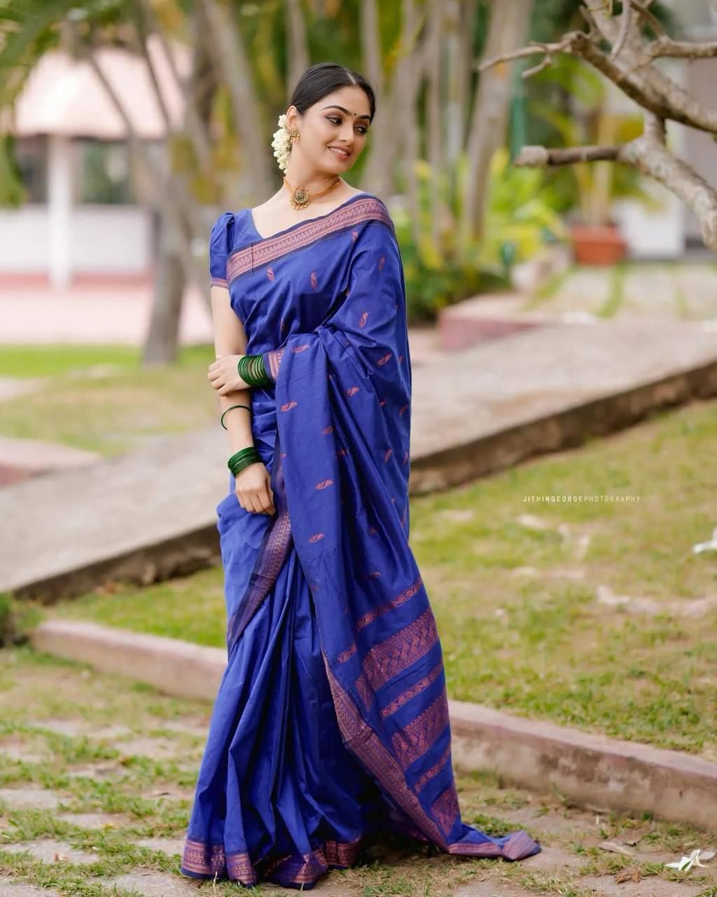 Gleaming Royal Blue Soft Silk Saree With Gorgeous Blouse Piece