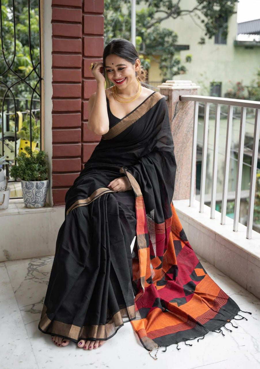 Glittering Black Cotton Silk Saree With Devastating Blouse Piece