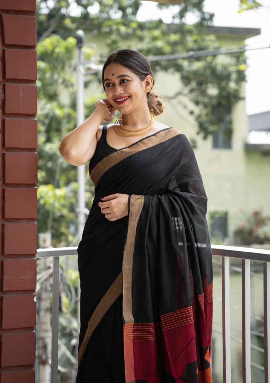 Glittering Black Cotton Silk Saree With Devastating Blouse Piece