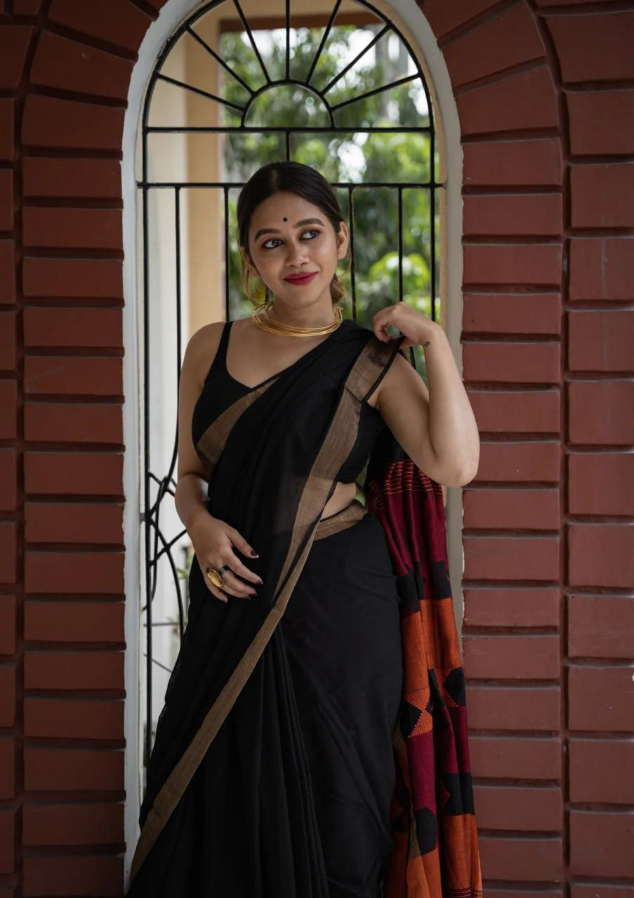 Glittering Black Cotton Silk Saree With Devastating Blouse Piece