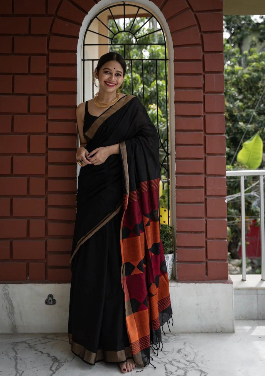 Glittering Black Cotton Silk Saree With Devastating Blouse Piece