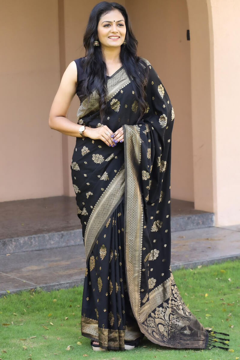 Cynosure Black Soft Banarasi Silk Saree With Enigmatic Blouse Pieced