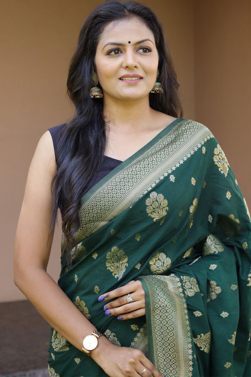 Precious Dark Green Soft Banarasi Silk Saree With Sophisticated Blouse Pieced