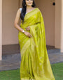 Excellent Mehndi Soft Silk Banarasi Saree With Desuetude Blouse Piece