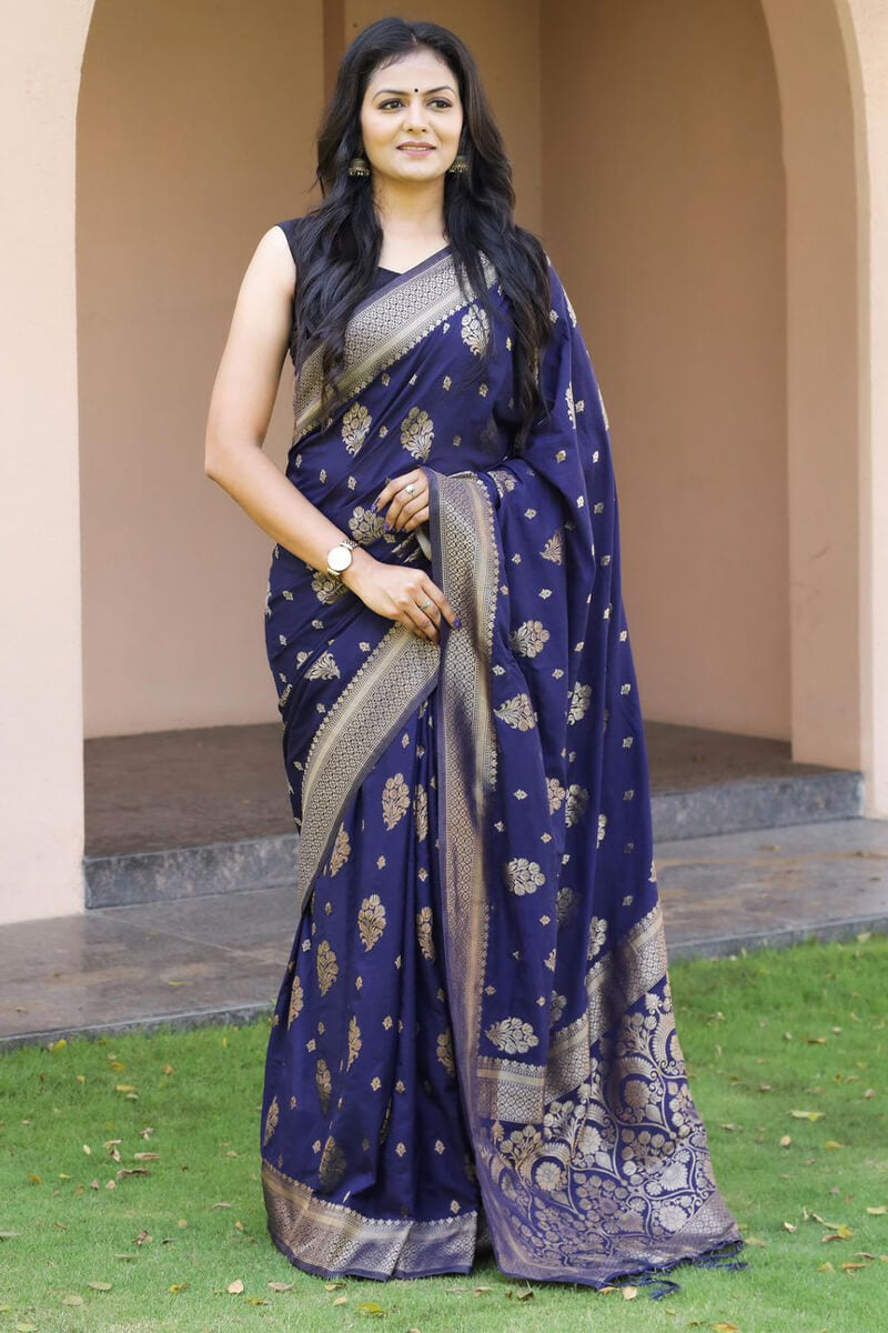 Forbearance Navy Blue Soft Banarasi Silk Saree With Moiety Blouse Pieced