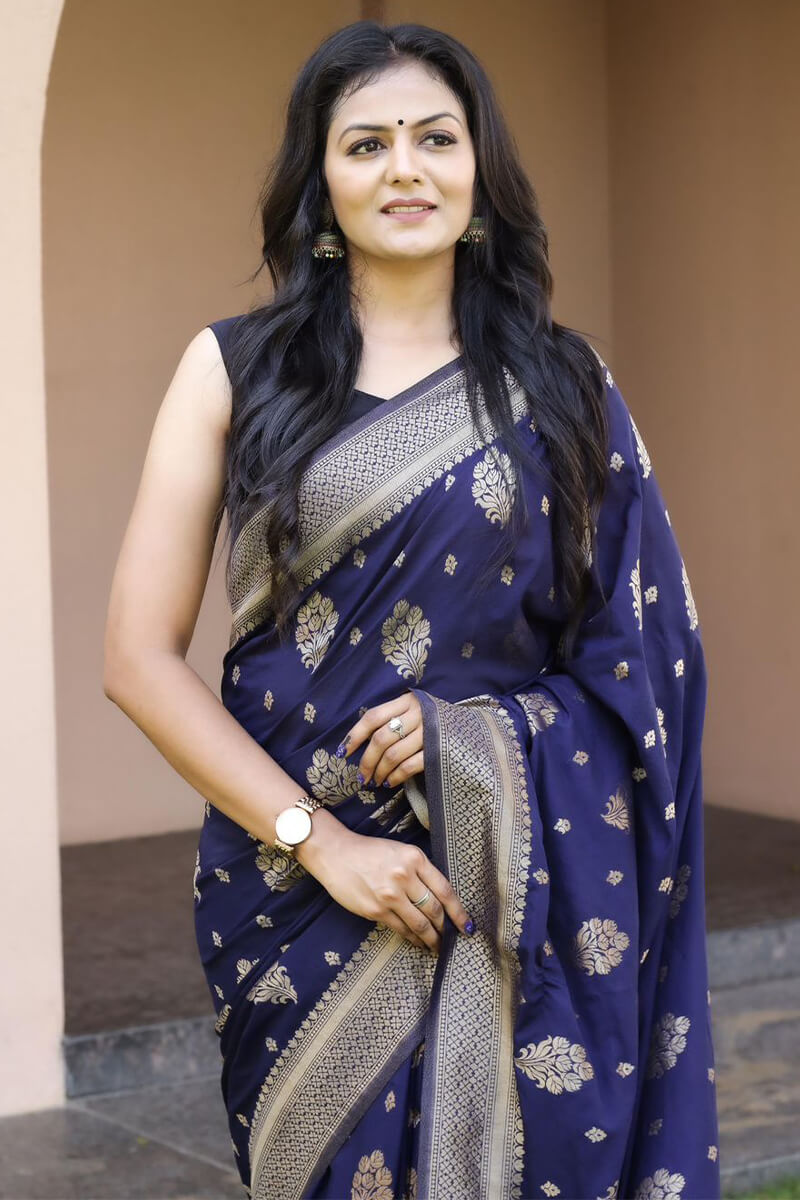 Forbearance Navy Blue Soft Banarasi Silk Saree With Moiety Blouse Pieced