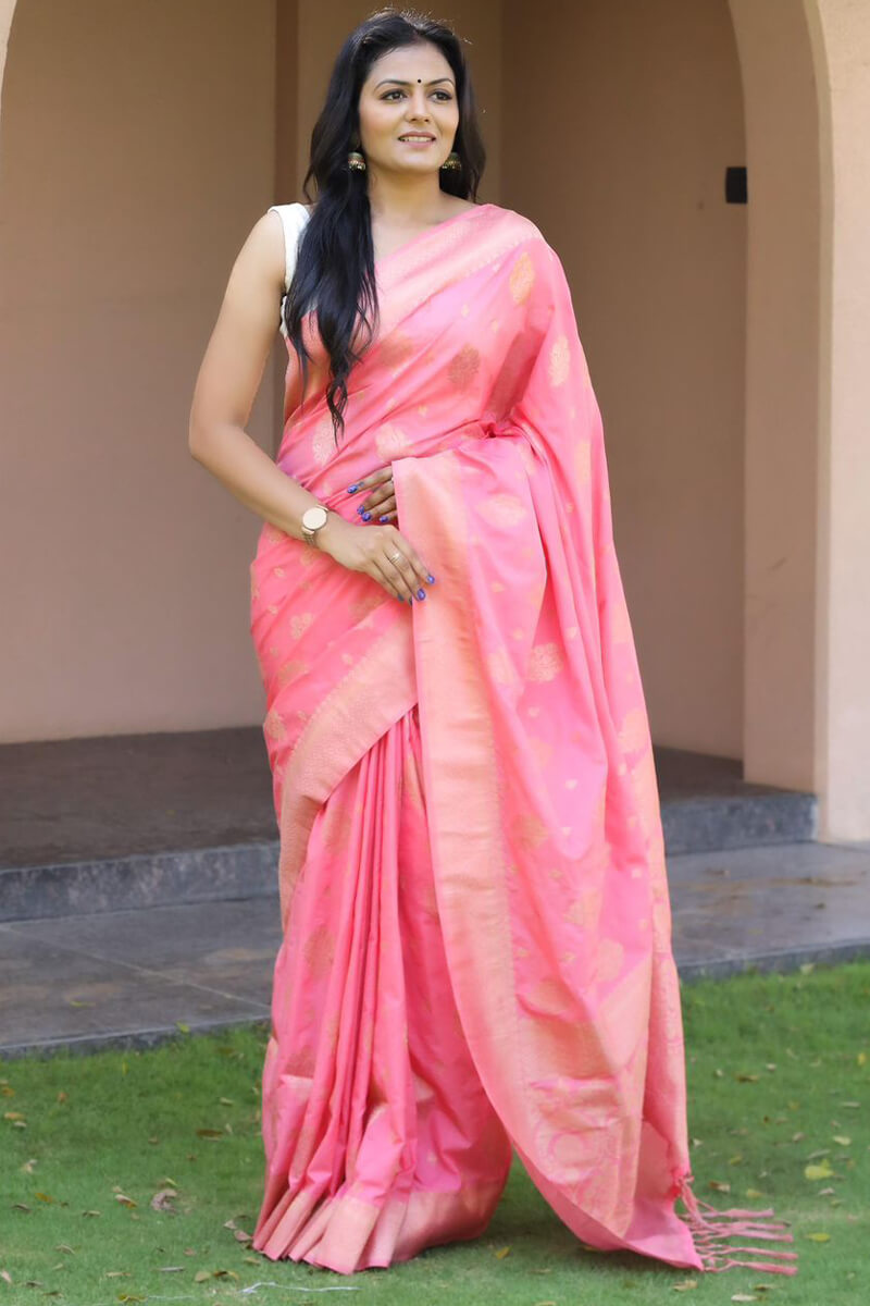 Cynosure Pink Soft Silk Banarasi Saree With Beauteous Blouse Pieced