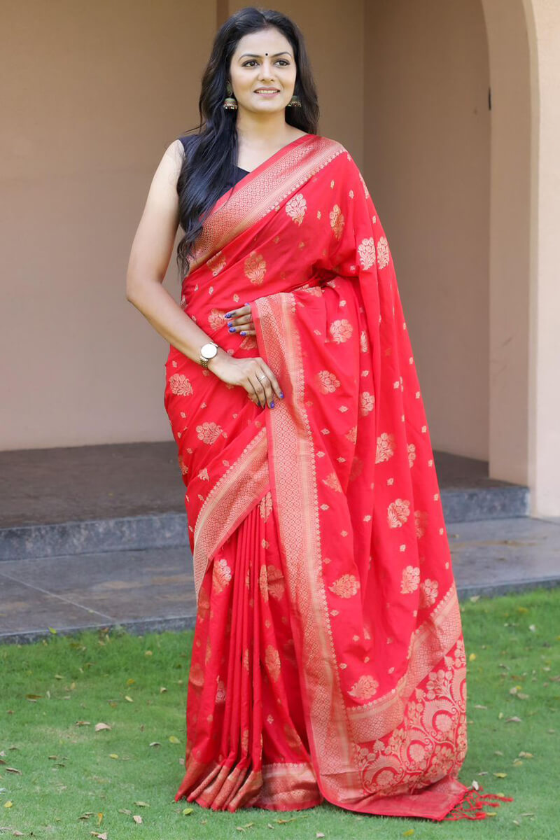 Desultory Red Soft Silk Banarasi Saree With Angelic Blouse Pieced