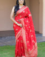 Desultory Red Soft Silk Banarasi Saree With Angelic Blouse Pieced