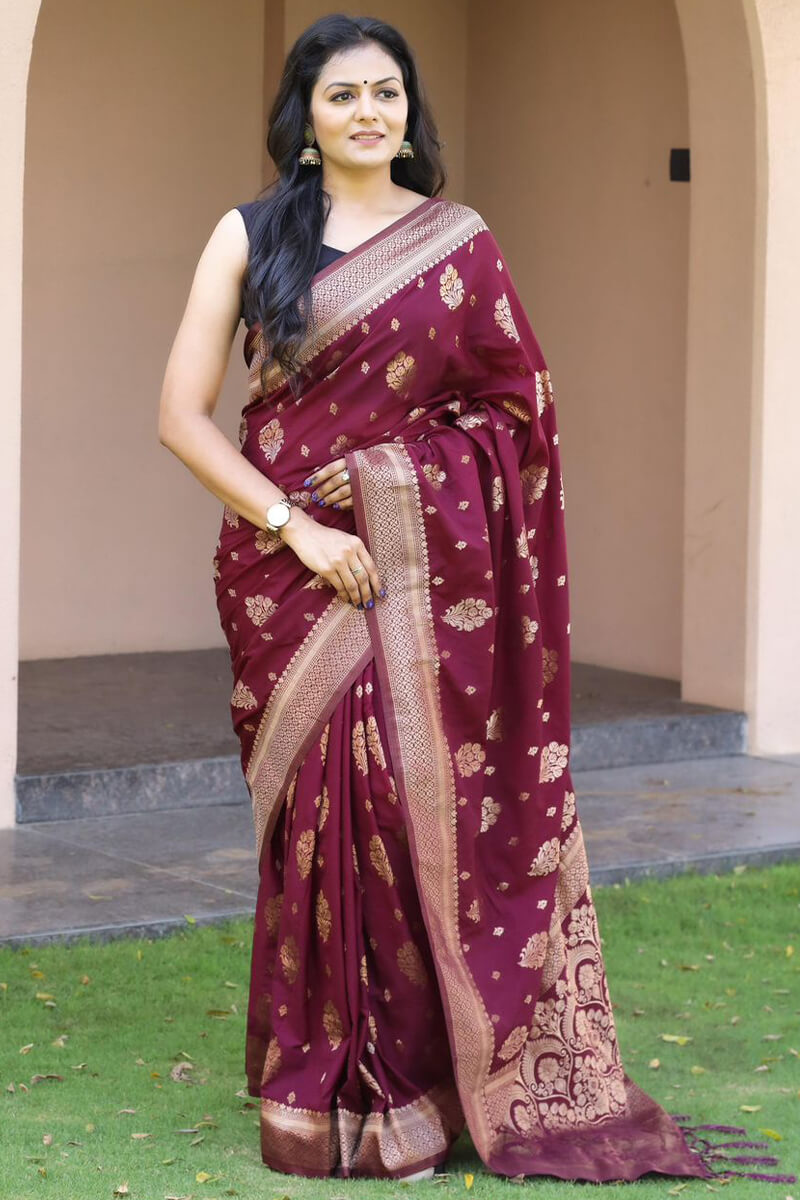 Chatoyant Wine Soft Banarasi Silk Saree With Ephemeral Blouse Pieced