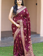 Chatoyant Wine Soft Banarasi Silk Saree With Ephemeral Blouse Pieced