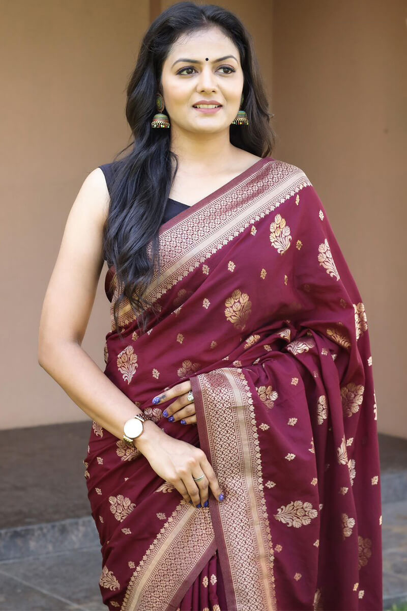 Chatoyant Wine Soft Banarasi Silk Saree With Ephemeral Blouse Pieced